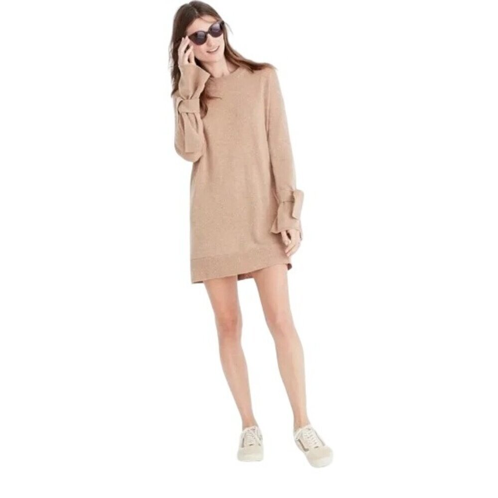 Madewell Camel Merino Wool Sweater Dress With Tie Sleeves Women's Small